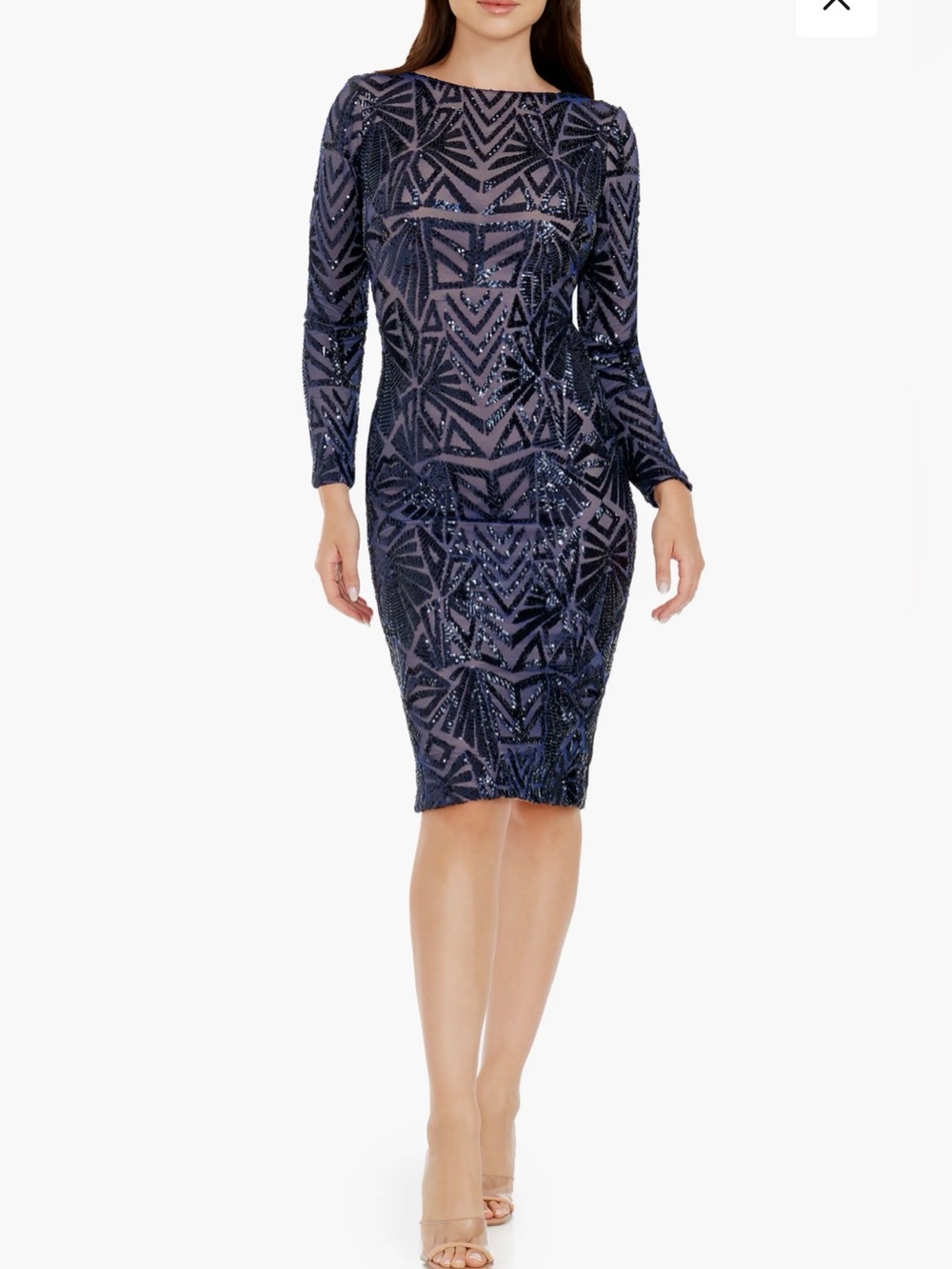 NEW Dress The Population Emery Navy Sequined Long Sleeve Cocktail Dress, Medium